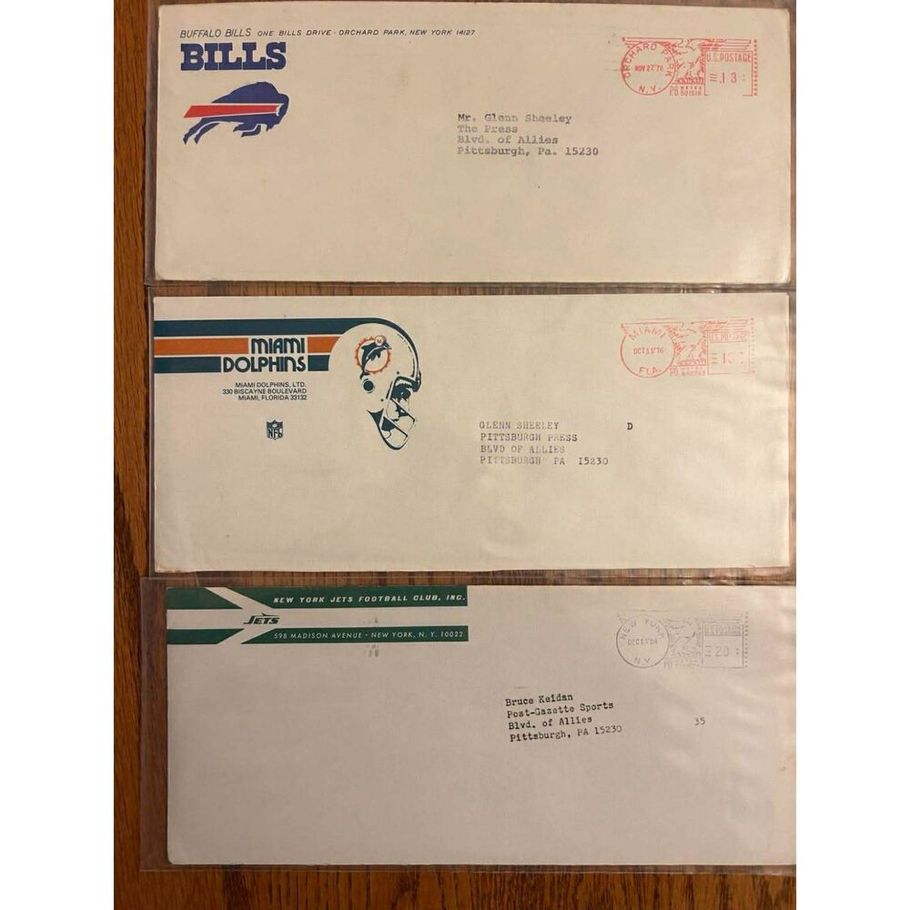 Rare NFL lot of 3 press release envelopes 1970s 1980s Dolphins Bills Jets